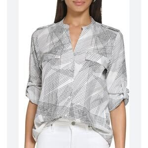 Calvin Klein Sheer Black & White V-Neck Roll Tab Sleeves Button Blouse Size 2X